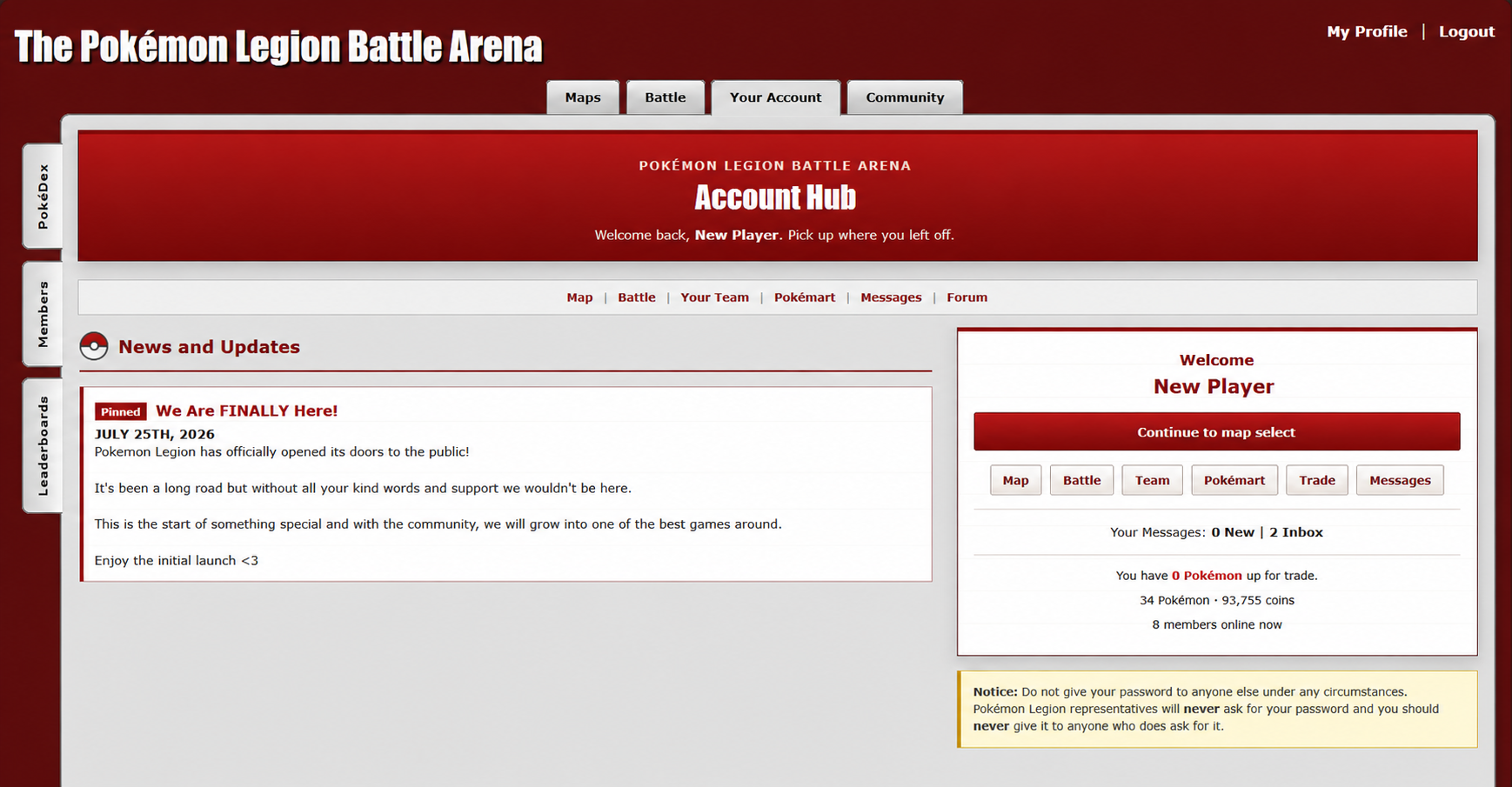 Pokémon Legion Battle Arena dashboard