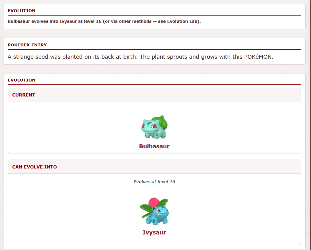 Pokédex showing a Pokémon evolution chain