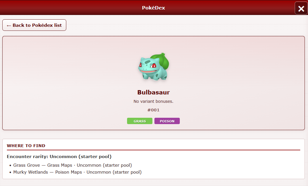 Pokédex showing where a Pokémon can be found
