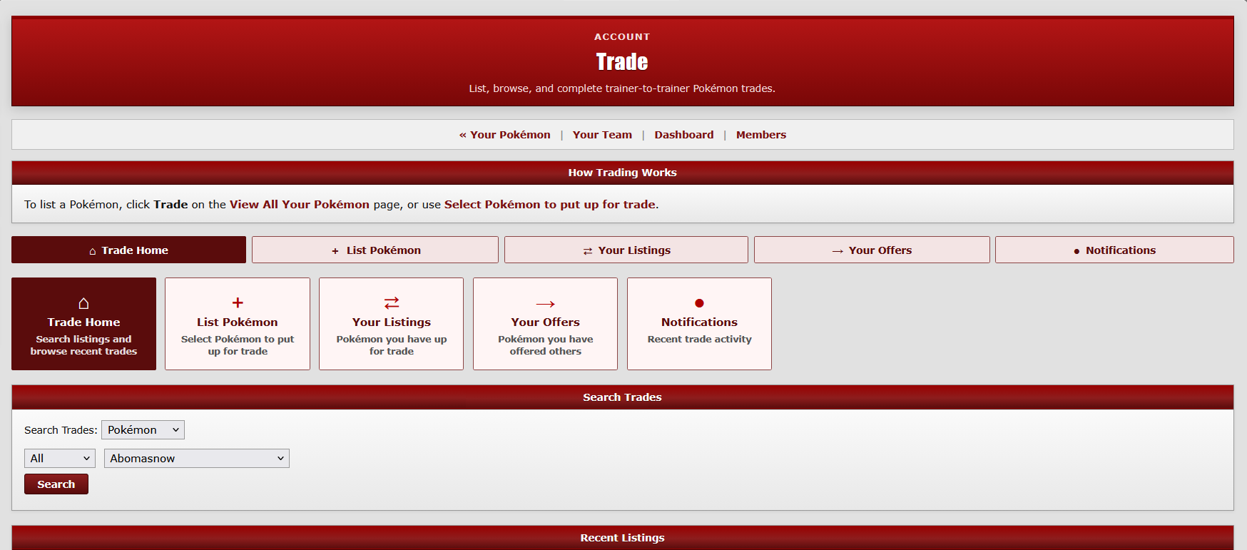 Pokémon trading interface